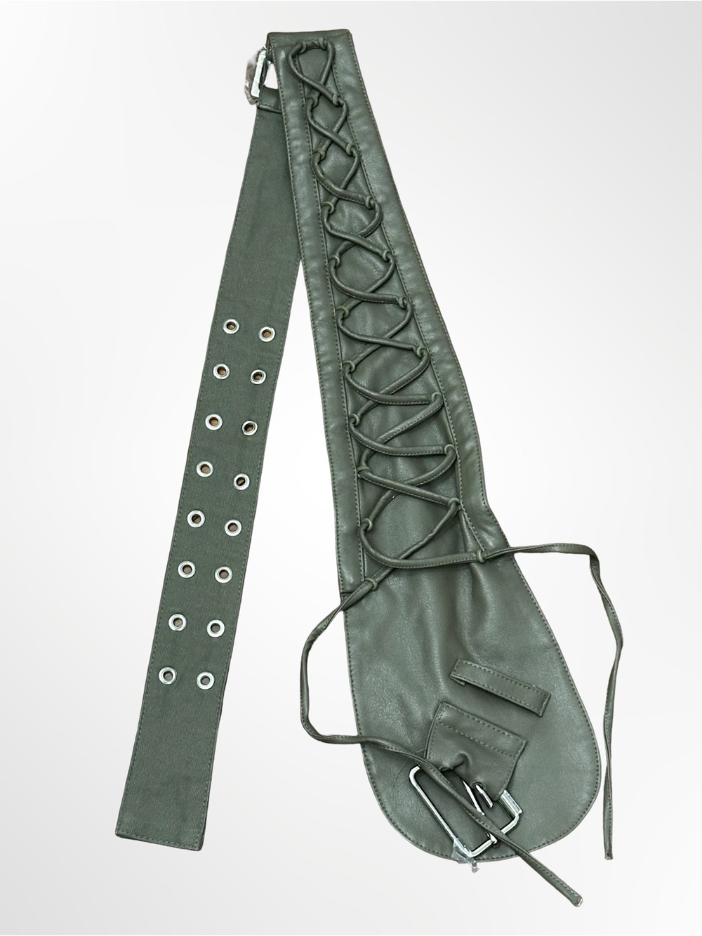 Y2K Olive Green Lace-Up Utility Corset Belt Faux Leather Grommet Statement Belt